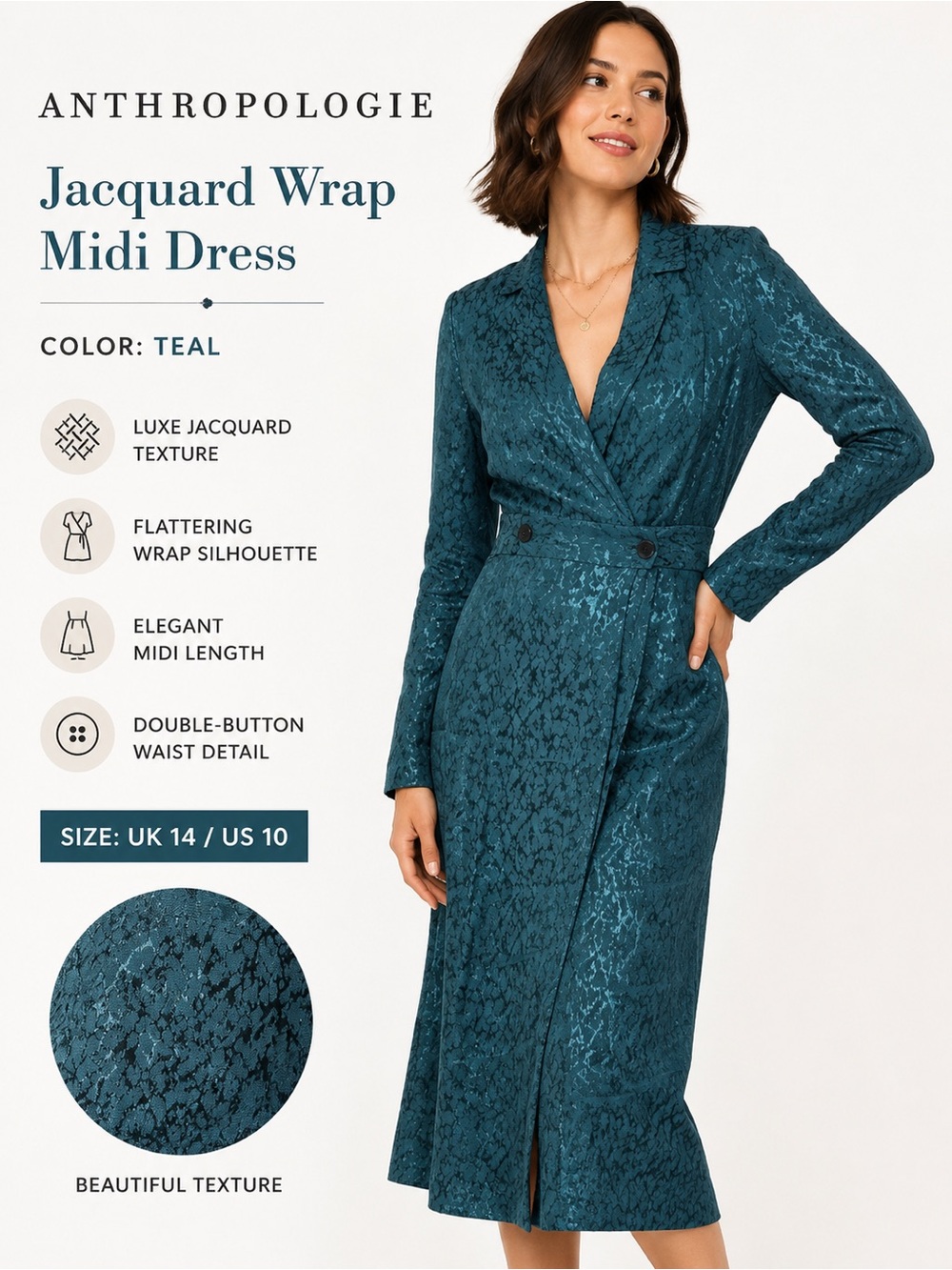 Anthropologie Teal Jacquard Wrap Midi Dress | Romantic Tailored Statement Dress